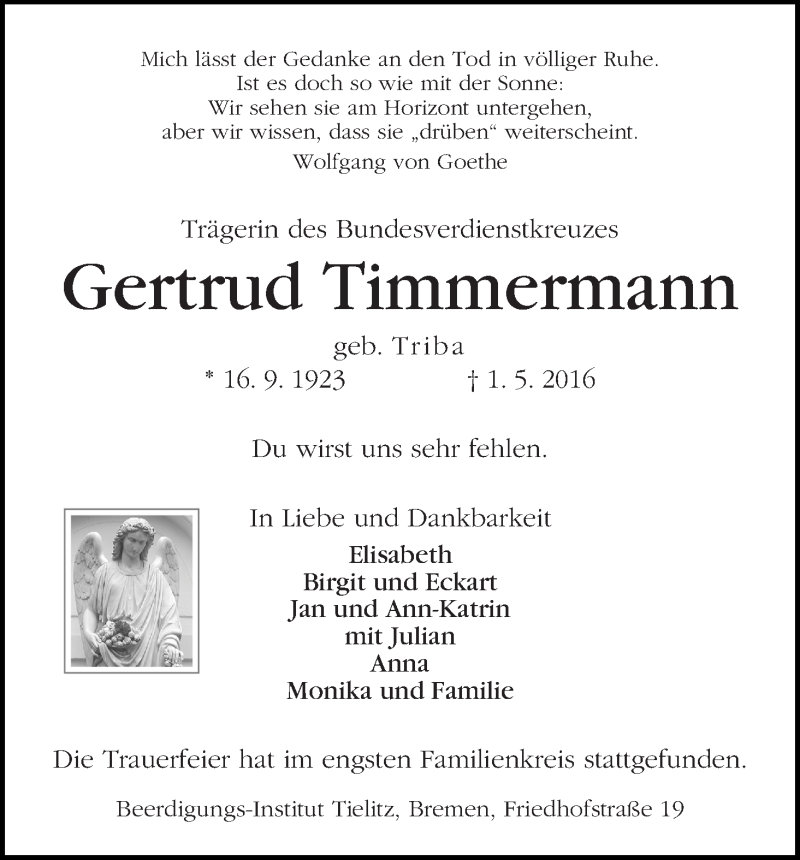 Traueranzeige von Gertrud Timmermann von WESER-KURIER