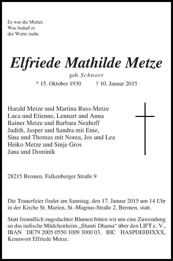 Traueranzeige von Elfriede Mathilde Metze von WESER-KURIER