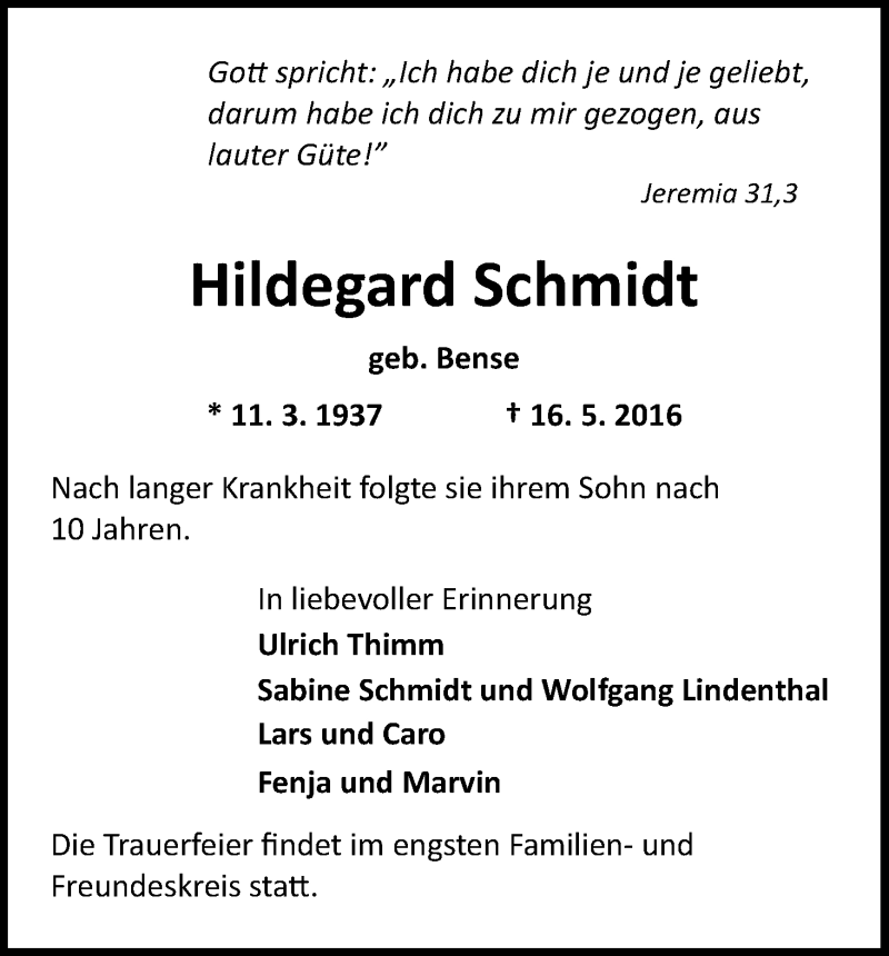 Traueranzeige von Hildegard Schmidt von WESER-KURIER