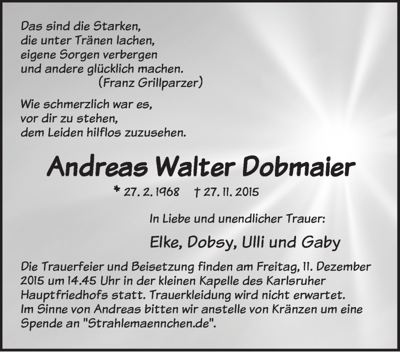  Traueranzeige für Andreas Walter Dobmaier vom 08.12.2015 aus WESER-KURIER