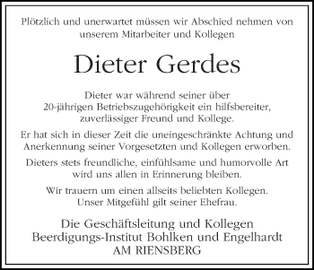 Traueranzeige von Dieter Gerdes