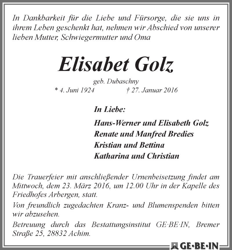 Traueranzeige von Elisabet Golz von WESER-KURIER