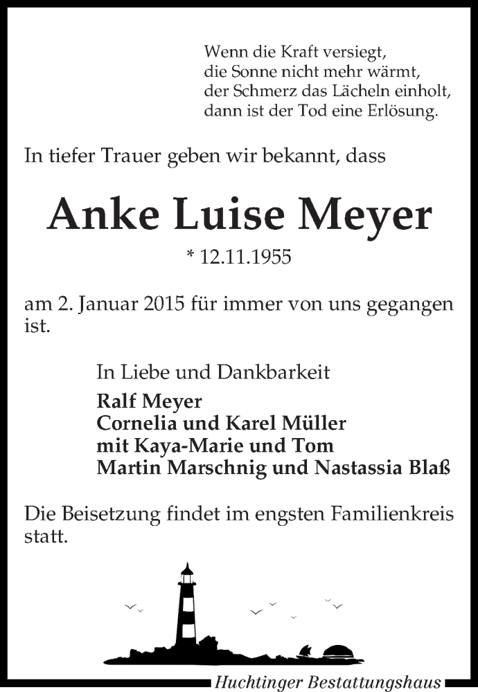  Traueranzeige für Anke Luise Meyer vom 10.01.2015 aus WESER-KURIER
