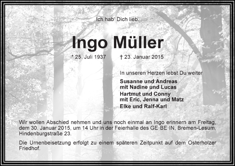 Traueranzeige von Ingo Müller von Die Norddeutsche