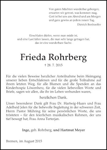 Traueranzeige von Frieda Rohrberg