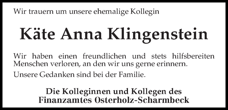 Traueranzeige von Käte Anna Klingenstein von Osterholzer Kreisblatt
