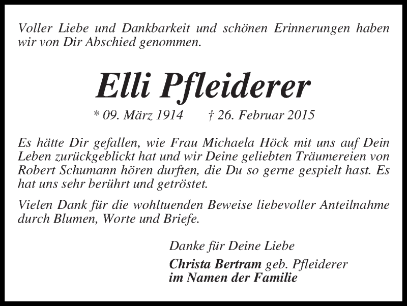 Traueranzeige von Elli Pfleiderer von WESER-KURIER