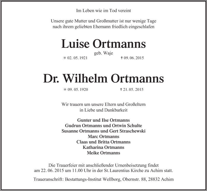 Traueranzeige von Luise und Wilhelm Ortmanns von WESER-KURIER