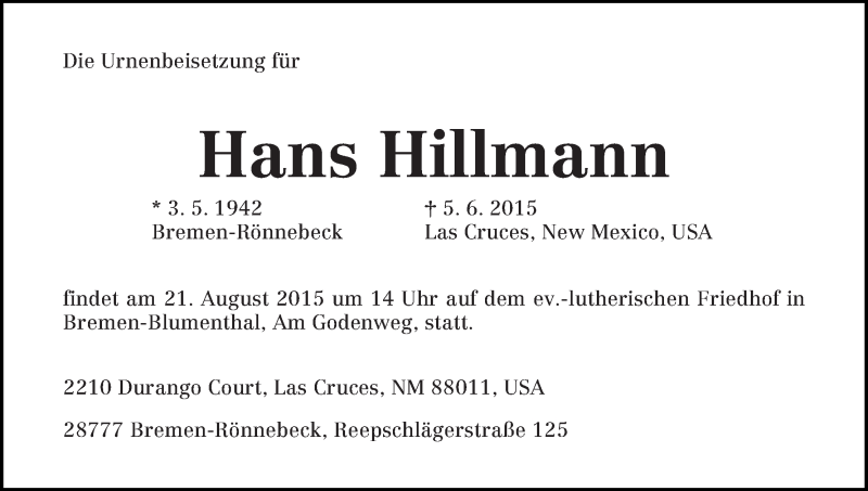  Traueranzeige für Hans Hillmann vom 15.08.2015 aus Die Norddeutsche