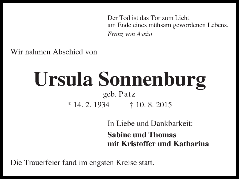 Traueranzeige von Ursula Sonnenburg von Die Norddeutsche