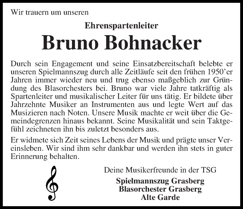 Traueranzeige von Bruno Bohnacker von Wuemme Zeitung