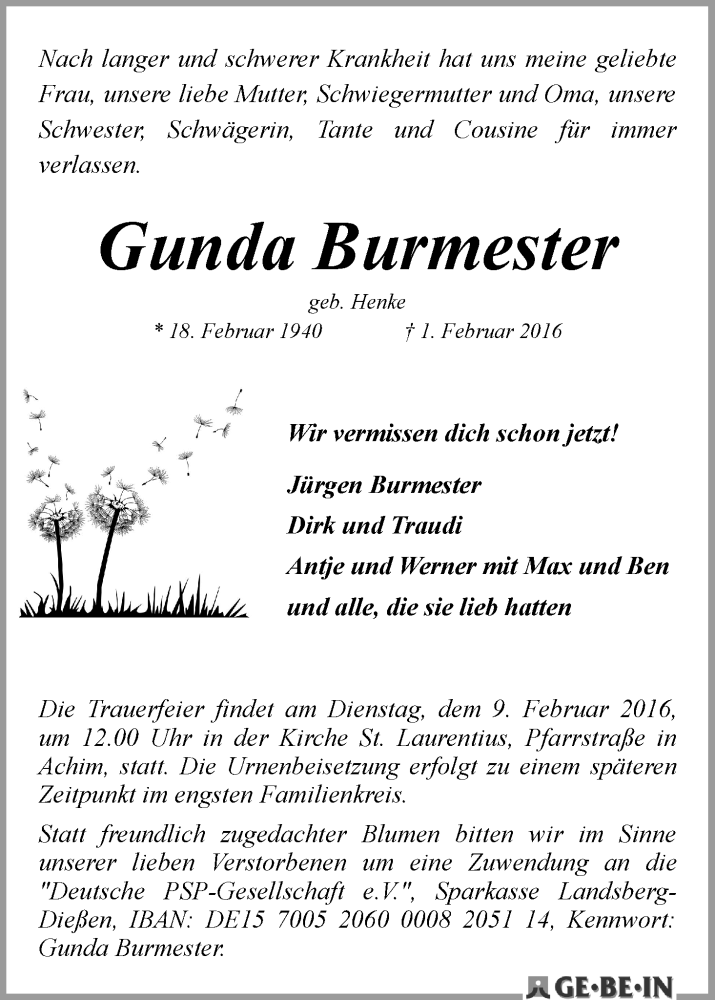Traueranzeige von Gunda Burmester von WESER-KURIER