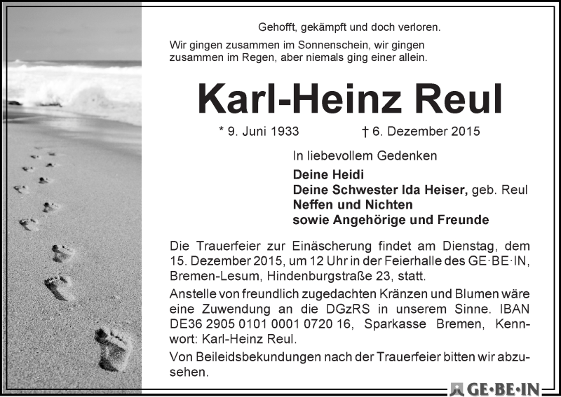 Traueranzeige von Karl-Heinz Reul von Die Norddeutsche