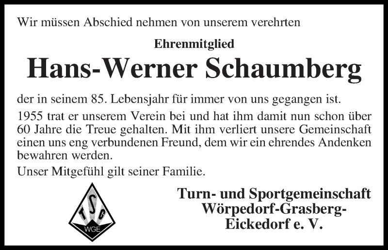  Traueranzeige für Hans-Werner Schaumberg vom 30.11.2015 aus Wuemme Zeitung