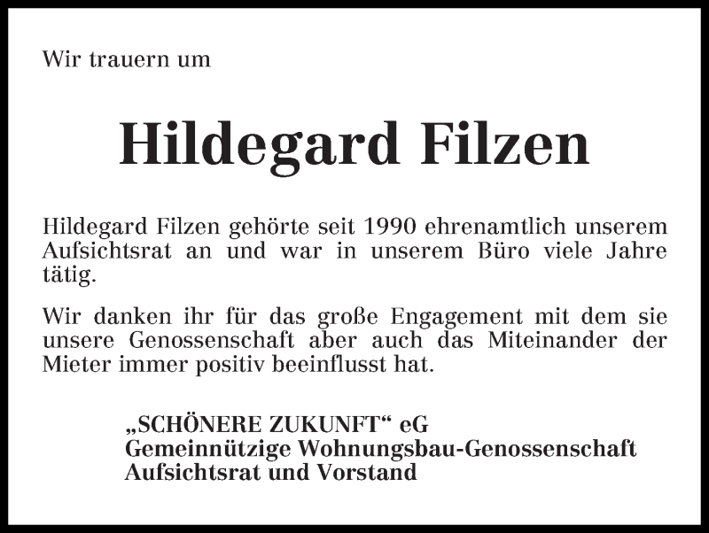 Traueranzeige von Hildegard Filzen von WESER-KURIER