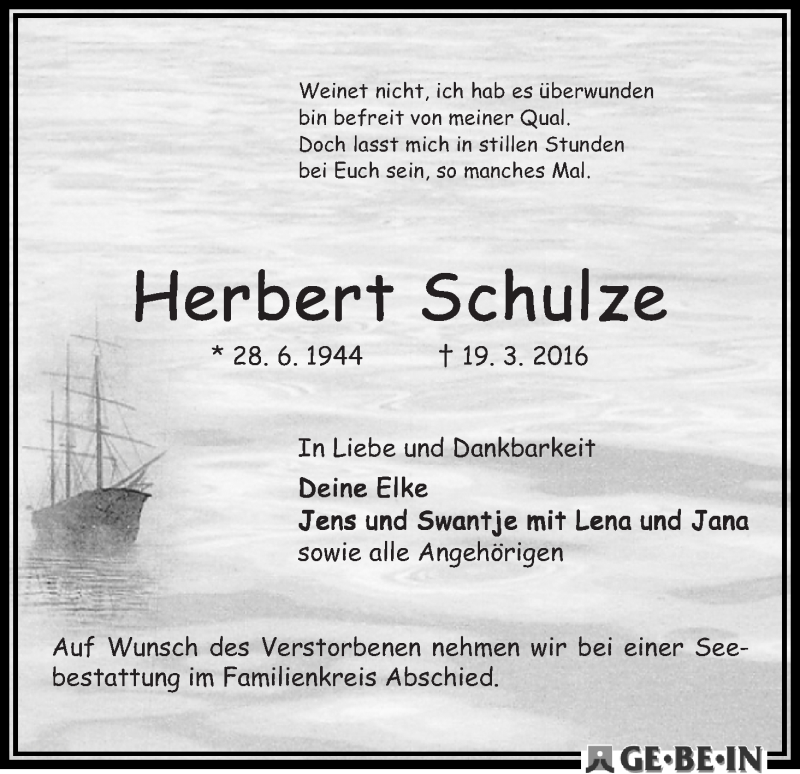 Traueranzeige von Herbert Schulze von WESER-KURIER
