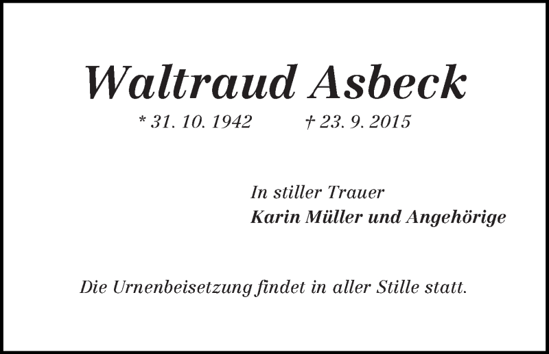 Traueranzeige von Waltraud Asbeck von Die Norddeutsche