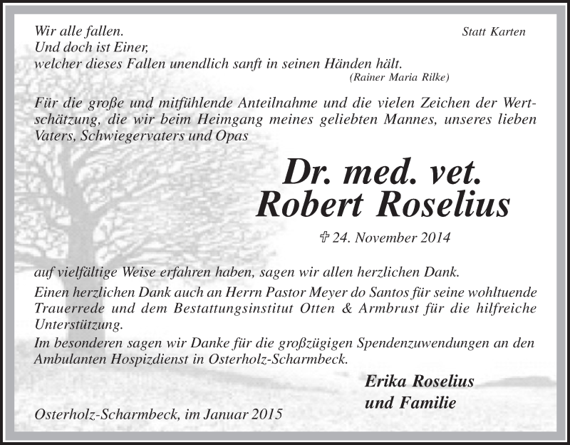  Traueranzeige für Robert Roselius vom 10.01.2015 aus Osterholzer Kreisblatt