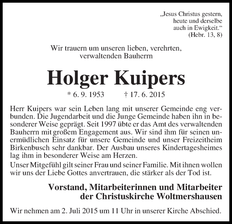 Traueranzeige von Holger Kuipers von WESER-KURIER