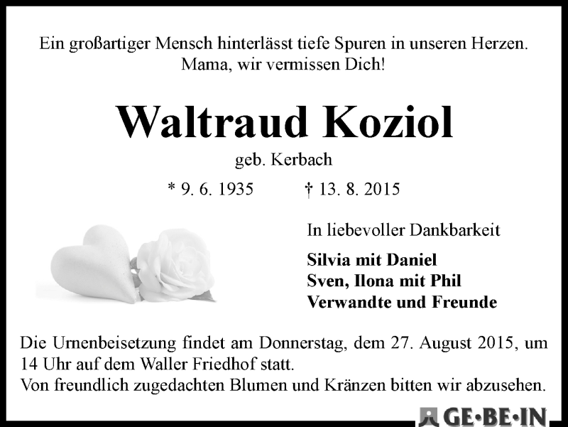 Traueranzeige von Waltraud Koziol von WESER-KURIER