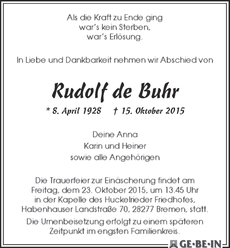 Traueranzeige von Rudolf de Buhr von WESER-KURIER