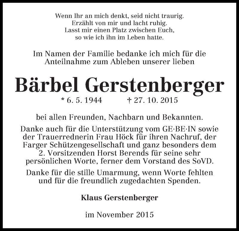 Traueranzeige von Bärbel Gerstenberger von Die Norddeutsche