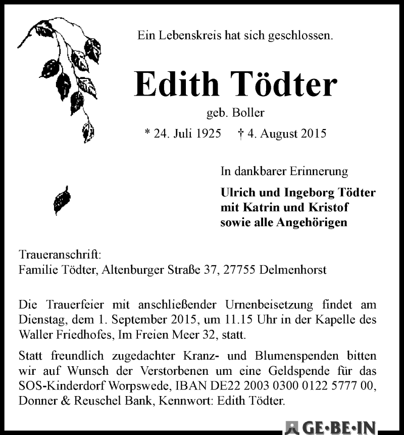Traueranzeige von Edith Tödter von WESER-KURIER