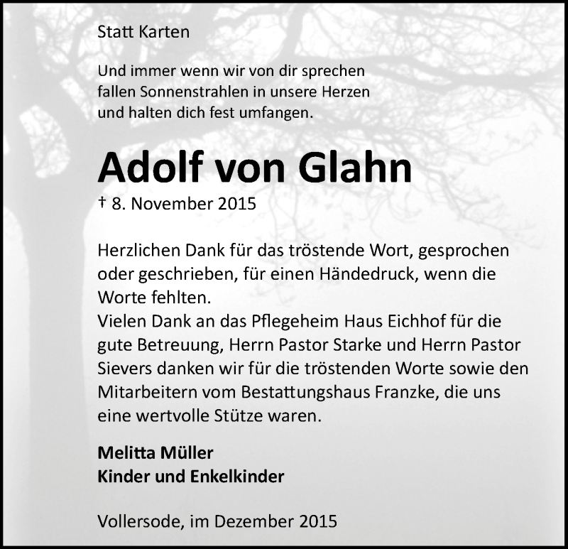 Traueranzeige von Adolf von Glahn von Osterholzer Kreisblatt