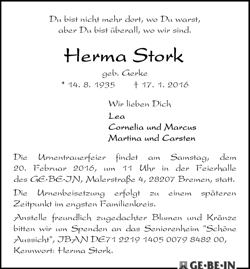 Traueranzeige von Herma Stork von WESER-KURIER