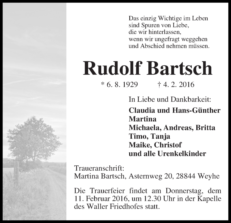 Traueranzeige von Rudolf Bartsch von WESER-KURIER