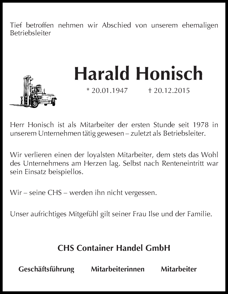 Traueranzeige von Harald Honisch von WESER-KURIER