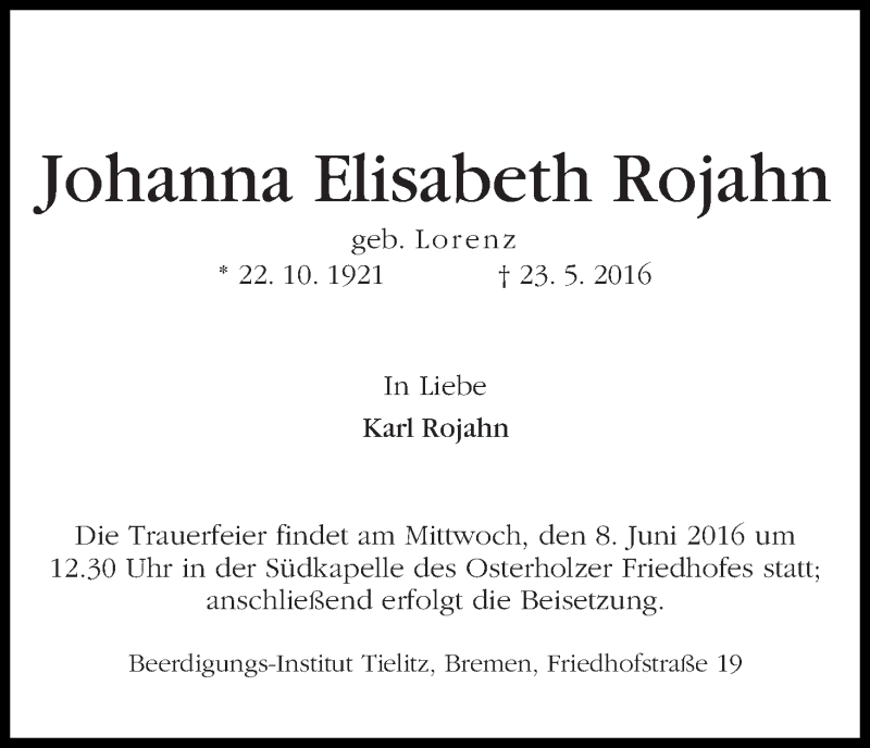 Traueranzeige von Johanna Elisabeth Rojahn von WESER-KURIER