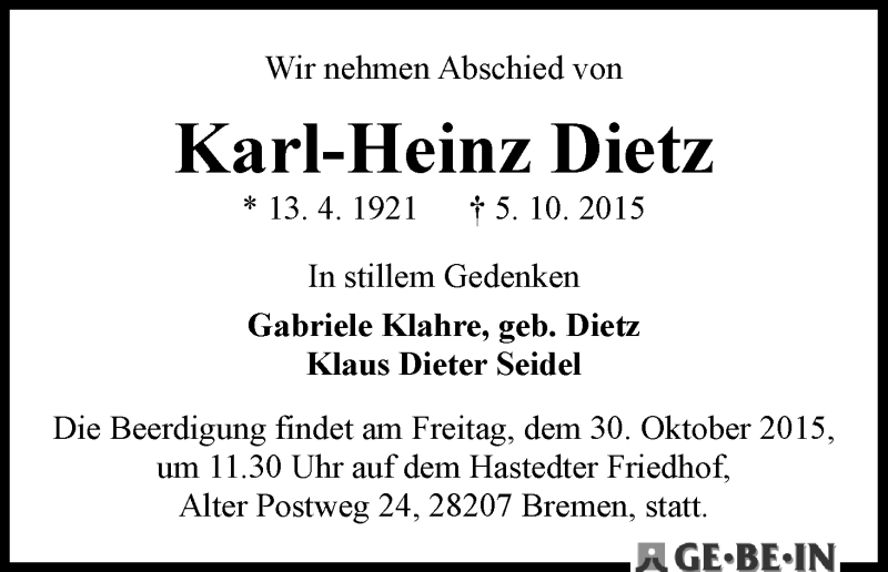 Traueranzeige von Karl-Heinz Dietz von WESER-KURIER