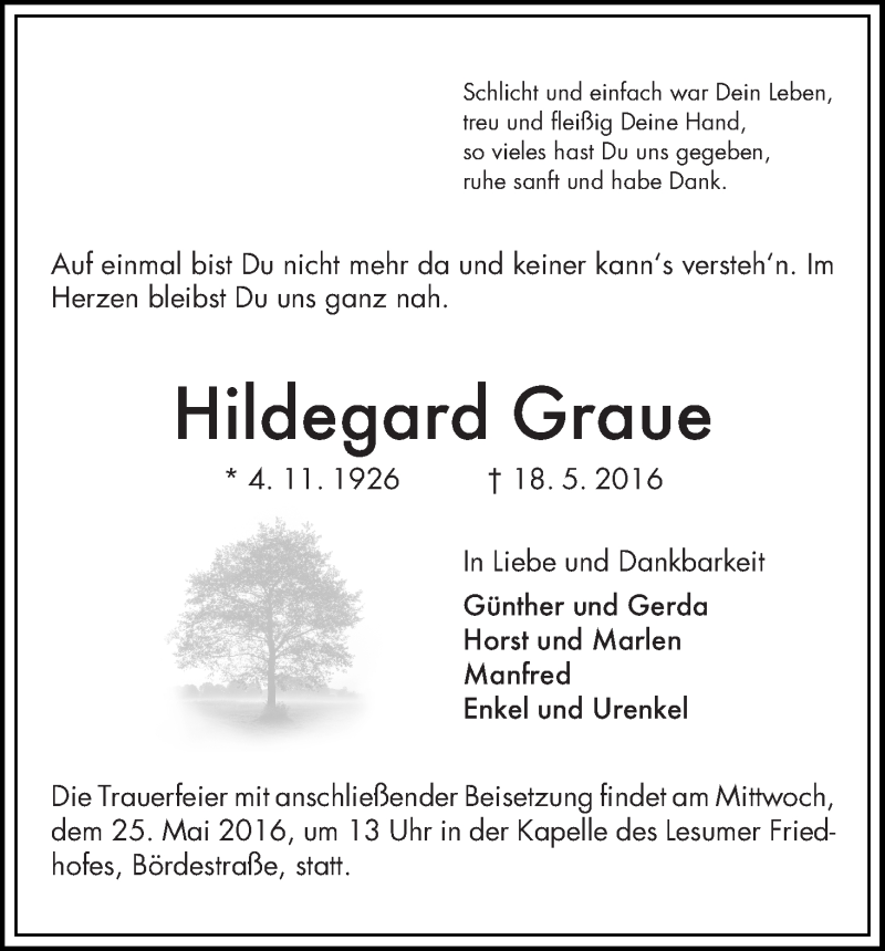 Traueranzeige von Hildegard Graue von Die Norddeutsche