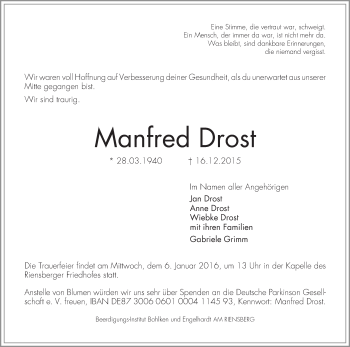 Traueranzeige von Manfred Drost