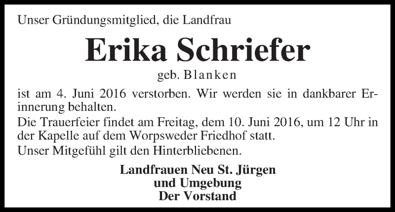 Traueranzeige von Erika Schriefer von Wuemme Zeitung