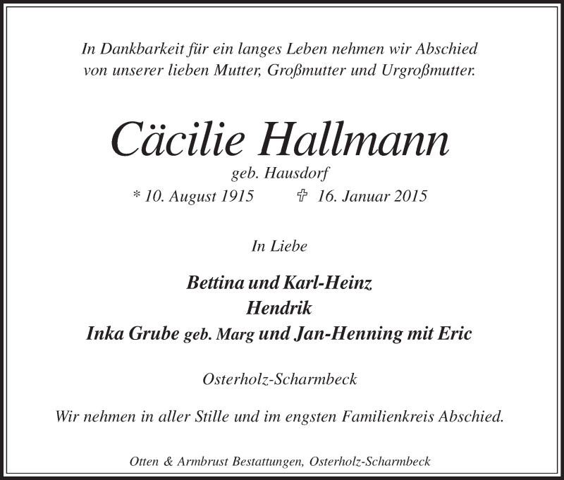 Traueranzeige von Cäcilie Hallmann von Osterholzer Kreisblatt
