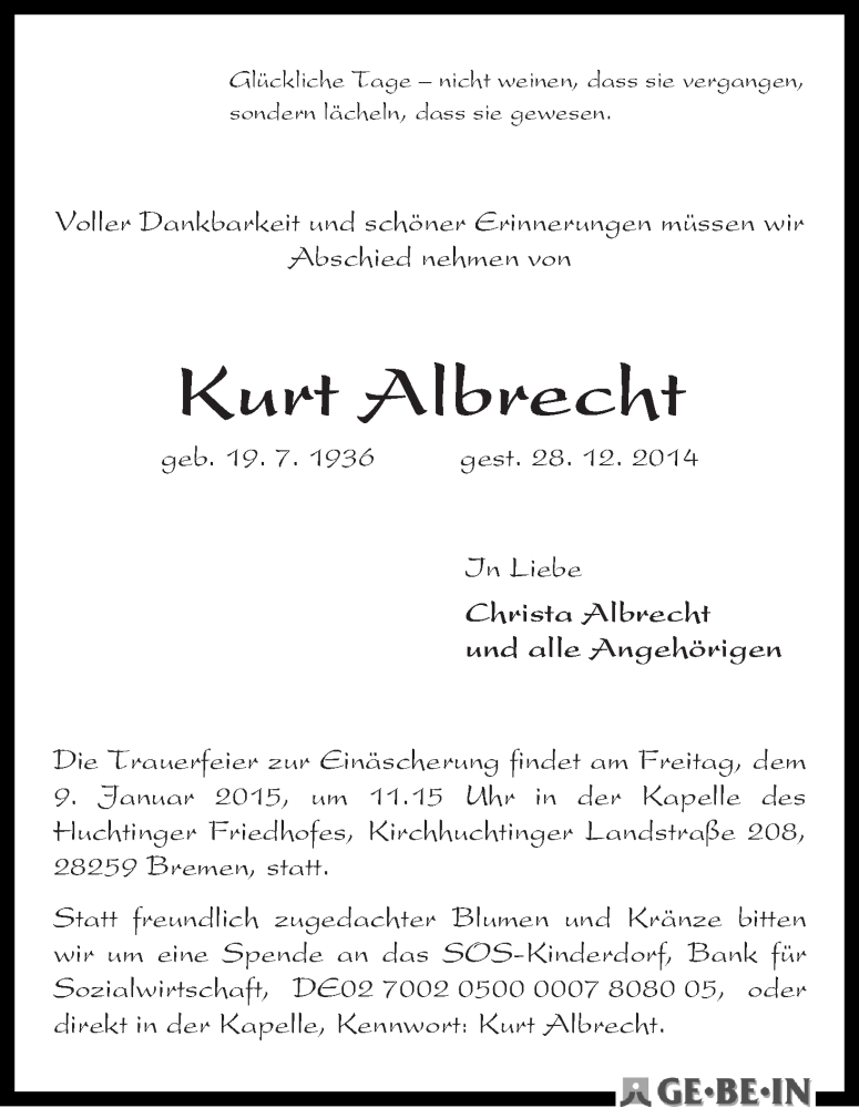 Traueranzeige von Kurt Albrecht von WESER-KURIER