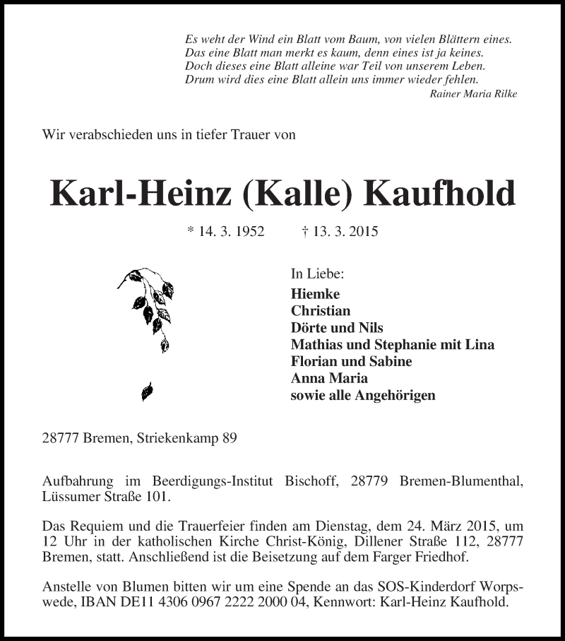 Traueranzeige von Karl-Heinz (Kalle) Kaufhold von Die Norddeutsche