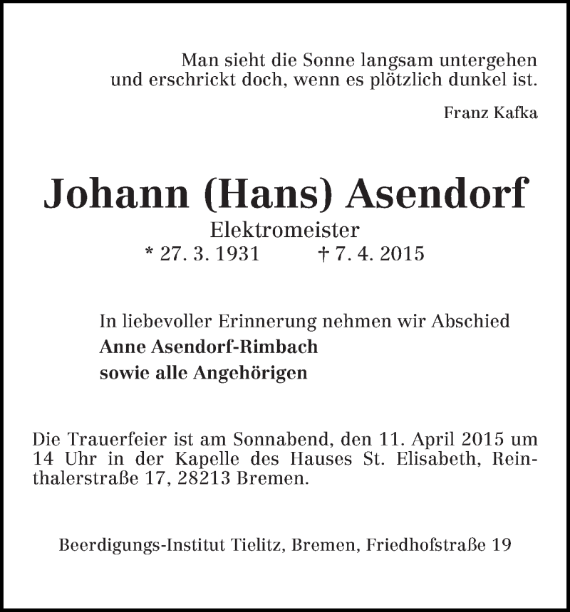 Traueranzeige von Johann (Hans) Asendorf von WESER-KURIER