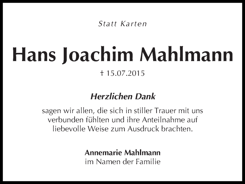 Traueranzeige von Hans Joachim Mahlmann von Die Norddeutsche