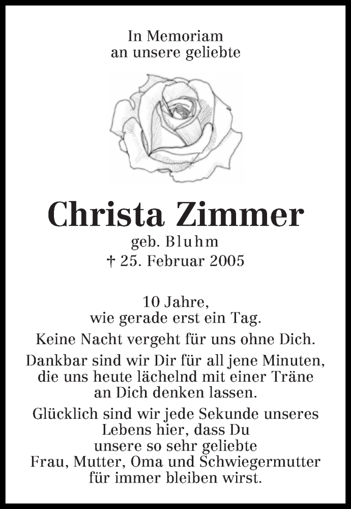  Traueranzeige für Christa Zimmer vom 25.02.2015 aus WESER-KURIER