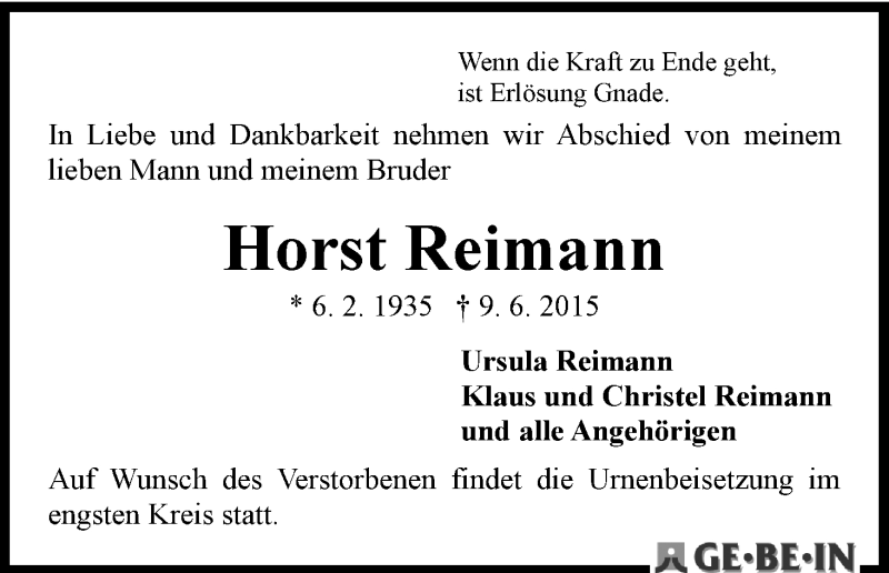 Traueranzeige von Horst Reimann von WESER-KURIER