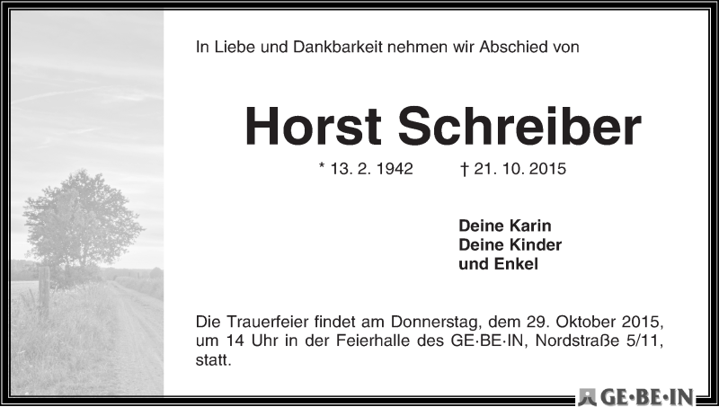 Traueranzeige von Horst Schreiber von WESER-KURIER