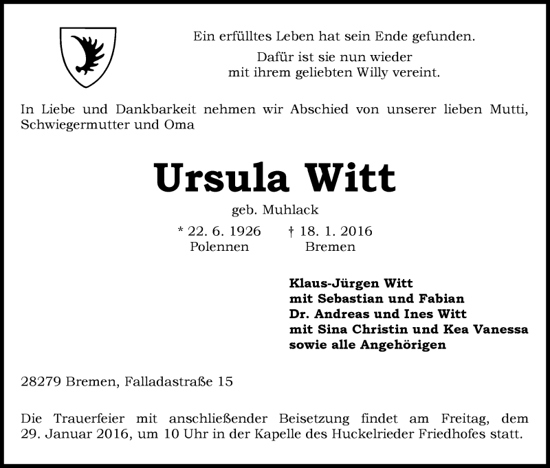 Traueranzeige von Ursula Witt von WESER-KURIER
