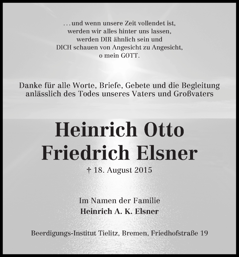 Traueranzeige von Heinrich Otto Friedrich Elsner von WESER-KURIER