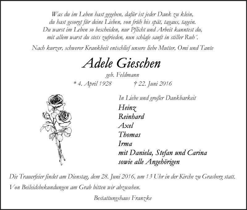 Traueranzeige von Adele Gieschen von Wuemme Zeitung