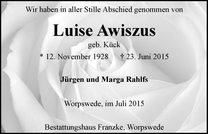 Traueranzeige von Luise Awiszus von Wuemme Zeitung