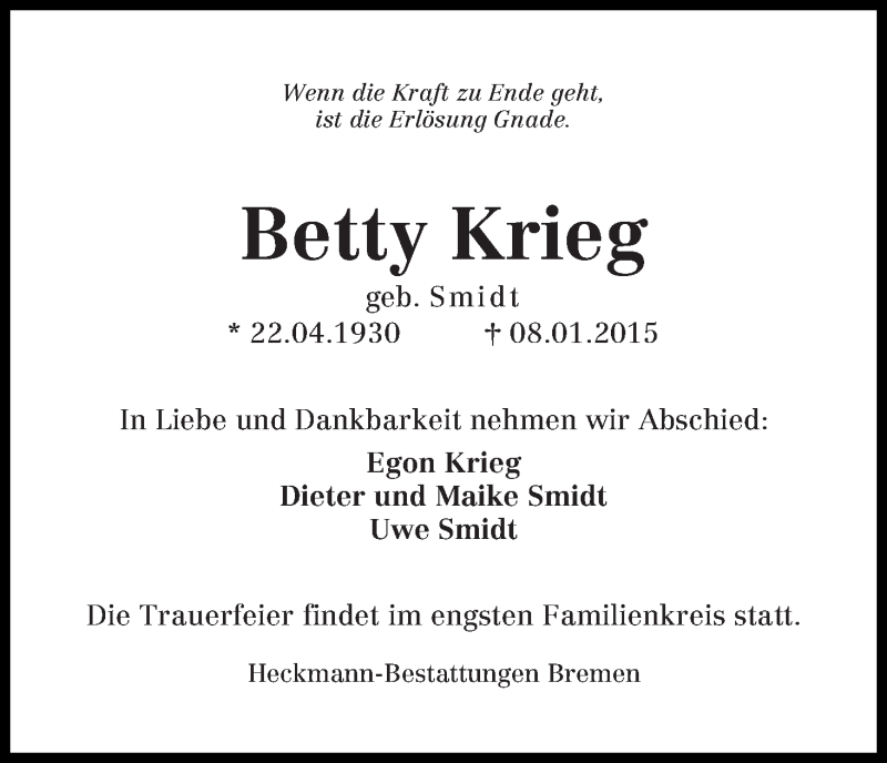 Traueranzeige von Betty Krieg von Die Norddeutsche
