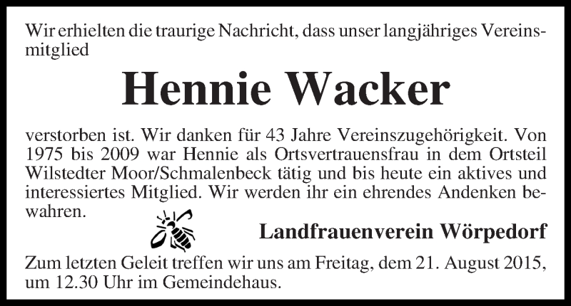 Traueranzeige für Hennie Wacker vom 19.08.2015 aus Wuemme Zeitung